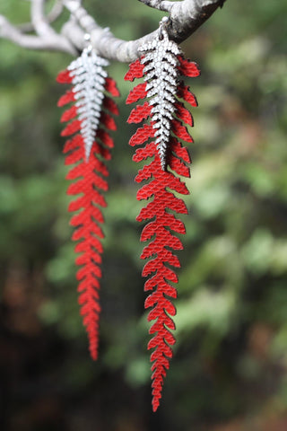 Long Leather Ferns - Silver on Red
