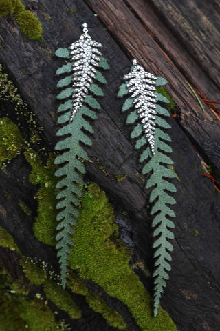 Long Leather Ferns - Silver on Green